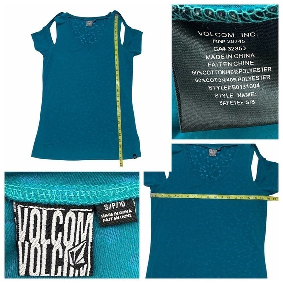 VOLCOM Teal Blue Cold Shoulder Graphic Blouse - Picture 11 of 11